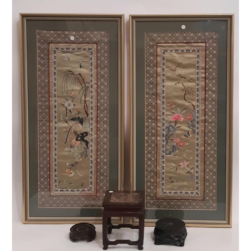 749 - Two framed Chinese embroideries with three carved wooden stands, including one hardwood stand with m... 