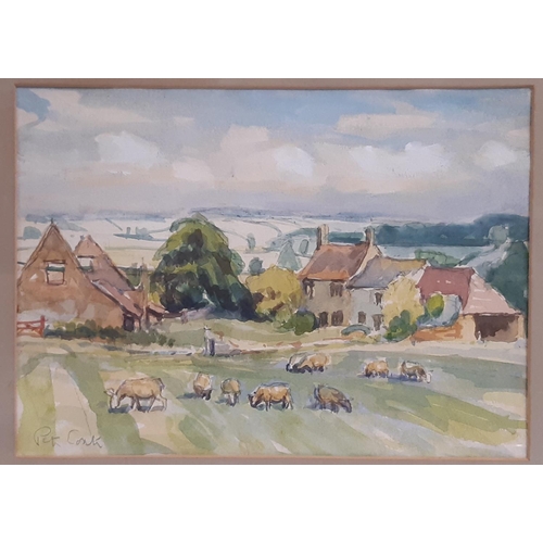 752 - Seven 19th-20th century paintings and prints, to include: Peter Coate - Farm buildings near Wellow, ... 