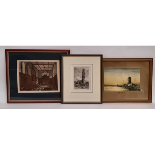 753 - Six framed paintings and prints to include: two watercolours by F. Wirgman - 'The Old Mill Lemington... 