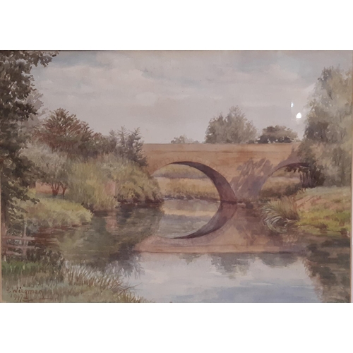 753 - Six framed paintings and prints to include: two watercolours by F. Wirgman - 'The Old Mill Lemington... 