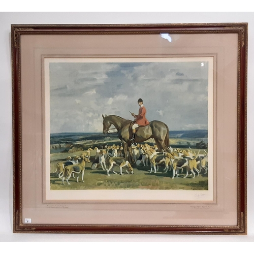 761 - Sir Alfred Munnings P.R.A. - 'Stanley Barker and The Pytchley Hounds' colour print signed lower righ... 