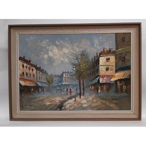 770 - Burnett (20th Century) - Parisian street scene with figures, signed lower left, oil on board, 60 x 9... 