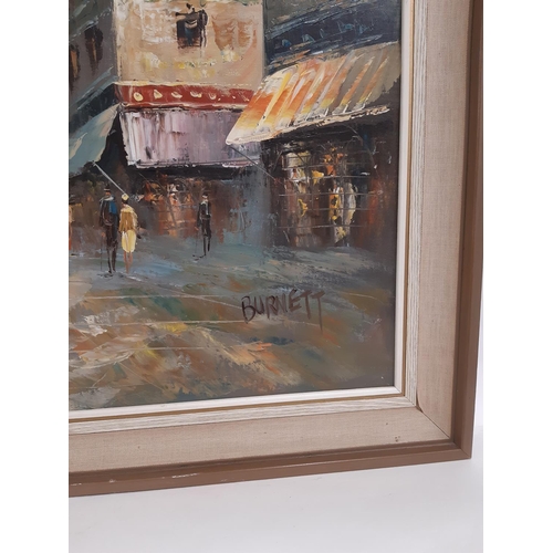 770 - Burnett (20th Century) - Parisian street scene with figures, signed lower left, oil on board, 60 x 9... 