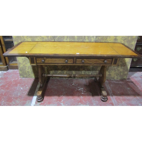 1374 - A Victorian sofa table, cross banded and on stretcher framework.
110cm wide when closed