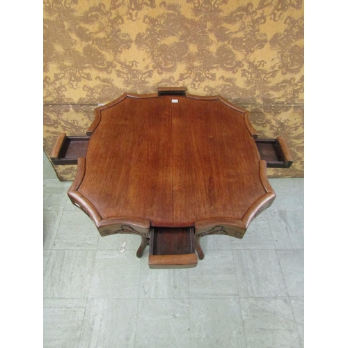 1392 - Chinese Mahjong table with scalloped edge enclosing 4 shallow drawers on an open framework.
84cm squ... 