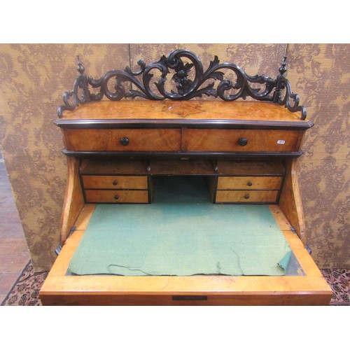 1464 - Mid 19th century figured walnut writing bureau, probably French, the fall flap enclosing a fitted in... 