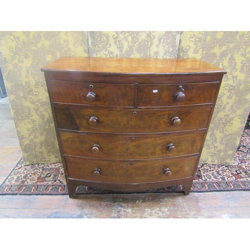 1467 - Mid Victorian period mahogany bow fronted chest of three long and two short drawers on brackets supp... 