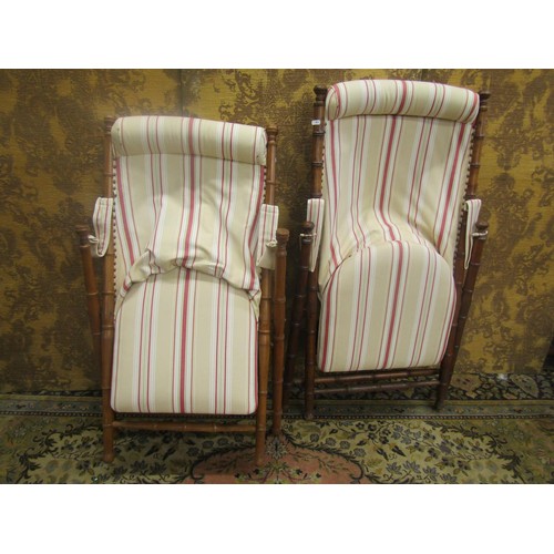 1470 - A pair of Edwardian folding simulated bamboo chairs, with reupholstered finish