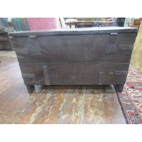 1474 - An early oak coffer with steel banding, 58cm high, 95 x 58cm