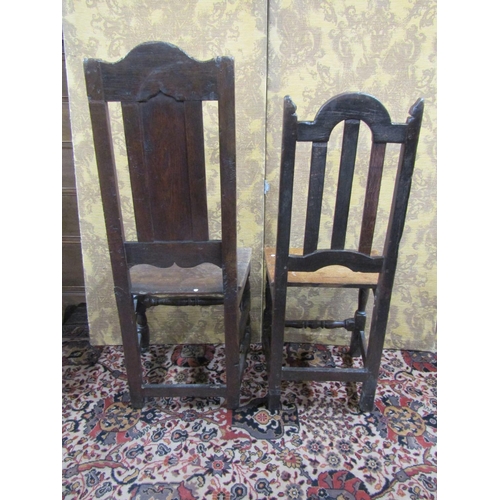 1475 - Two 18th century oak side chairs with moulded detail, solid seats on turned supports