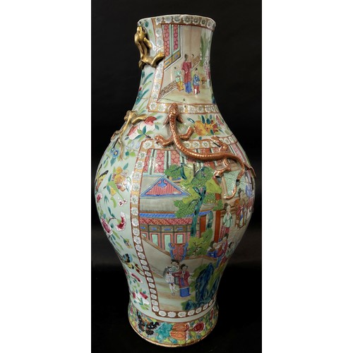 67A - A large 19th century Chinese / Cantonese export porcelain famille rose vase, on celadon ground, deco... 