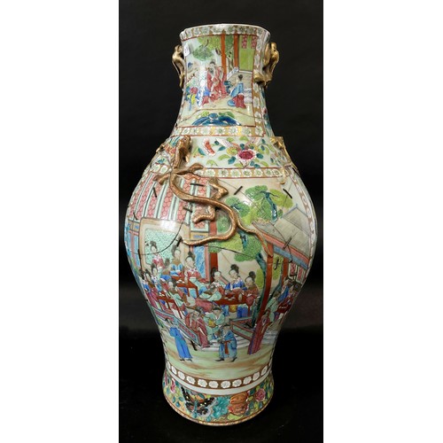 67A - A large 19th century Chinese / Cantonese export porcelain famille rose vase, on celadon ground, deco... 