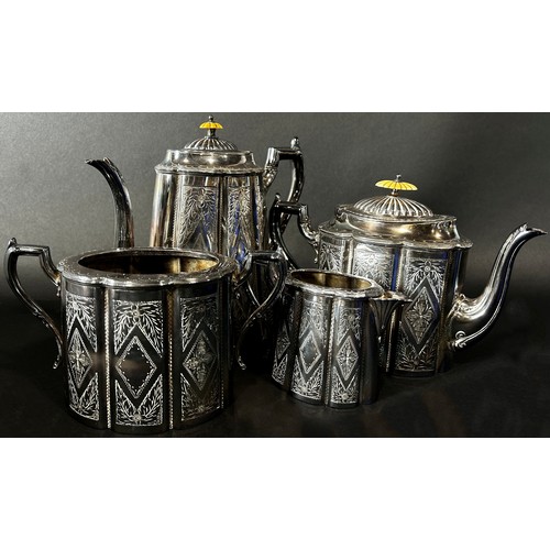 207 - A four piece silver plated tea service, a silver plated water jug, together with a cake stand, a tur... 