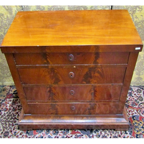 1501 - A mid 19th century continental mahogany commode of four long drawers set on a plinth base, 86cm high... 