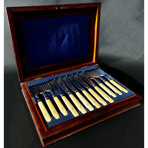 217 - Cased set of six bone handled fish knives and forks and other plated ware, including a large Texas T... 