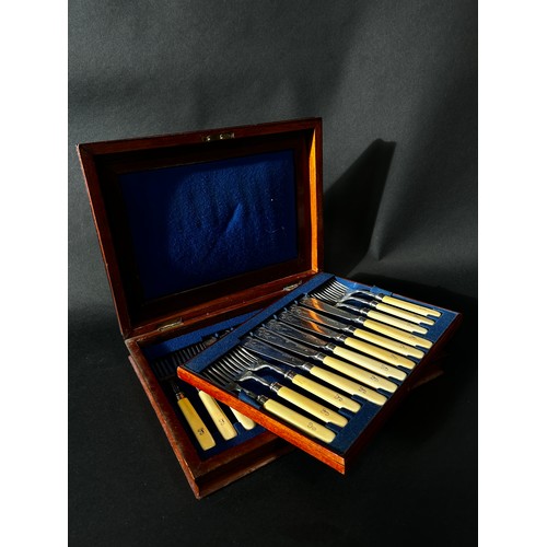 217 - Cased set of six bone handled fish knives and forks and other plated ware, including a large Texas T... 