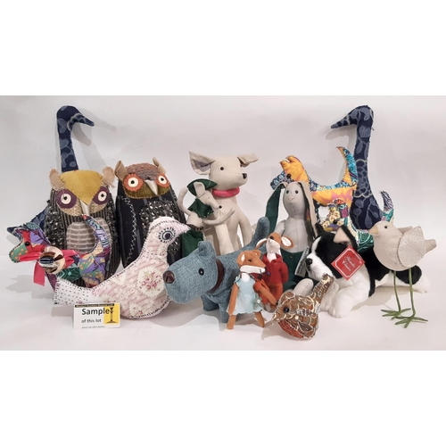 908 - Large collection of hand crafted contemporary soft toy animals including dogs, birds, teddy bears us... 