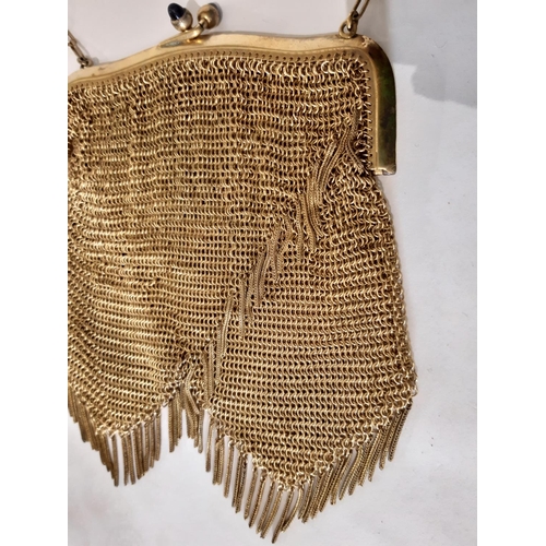 913 - 1930’s Art Deco style gold coloured chain link / mesh purse with lower edge falling into 2 tasselled... 