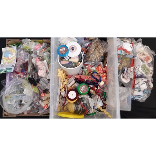 918 - Large boxful of modern craft workshop haberdashery including ribbons, braid, metallic cord, embellis... 