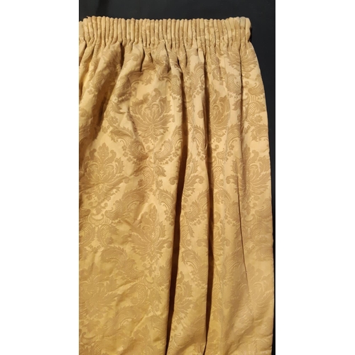 893 - One pair of vintage extra long gold damask curtains, lined and thermal lined with pencil pleat headi... 