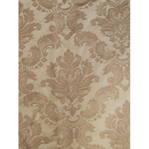 893 - One pair of vintage extra long gold damask curtains, lined and thermal lined with pencil pleat headi... 