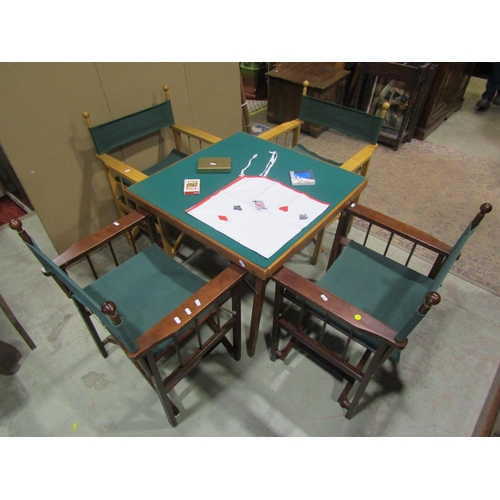 1086 - A simple wooden folding card table with baize top together with four accompanying folding directors ... 