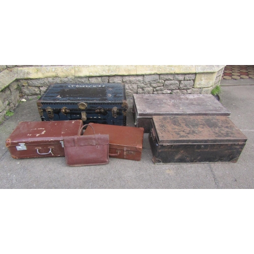 1087 - A vintage fibre and overlaid cabin trunk with stitched leather carrying handles together with two fu... 