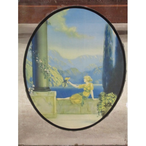 1332 - A pair vintage rectangular frameless wall mirrors with bevelled plates and oval pictorial printed pa... 