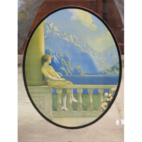 1332 - A pair vintage rectangular frameless wall mirrors with bevelled plates and oval pictorial printed pa... 