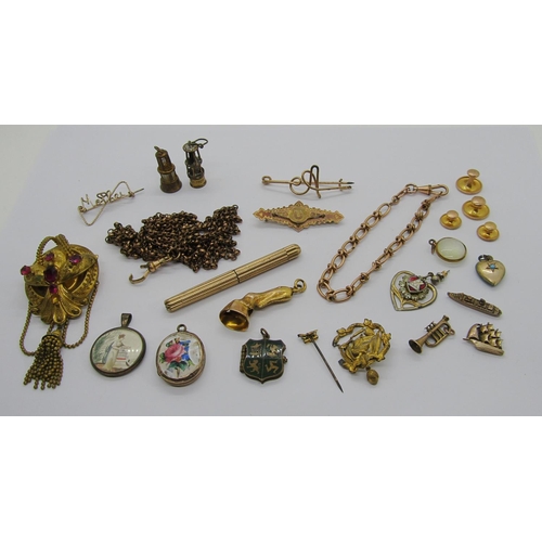 415 - Assorted collection of antique and later gilt costume jewellery, also including a cigar cutter in th... 