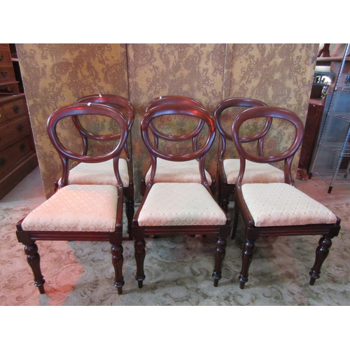 1253 - Set of six Victorian balloon back dining chairs with drop in seats on turned supports