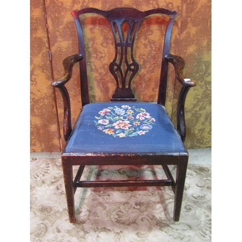 1255 - A Chippendale style open elbow chair with pierced splat and drop in floral tapestry seat together wi... 