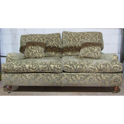 1361 - Pair of good quality large country house sofas upholstered in a mid green/cream colourway with scrol... 