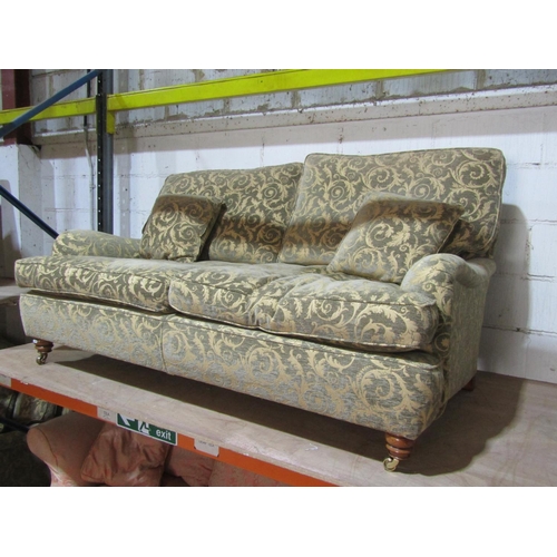 1361 - Pair of good quality large country house sofas upholstered in a mid green/cream colourway with scrol... 