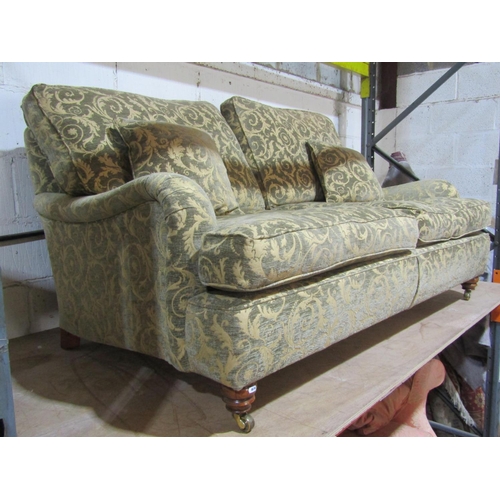 1361 - Pair of good quality large country house sofas upholstered in a mid green/cream colourway with scrol... 