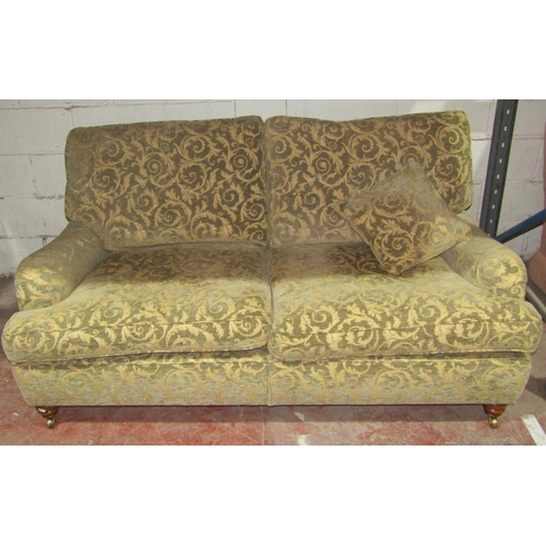 1361 - Pair of good quality large country house sofas upholstered in a mid green/cream colourway with scrol... 