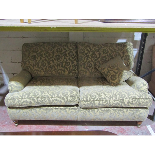 1361 - Pair of good quality large country house sofas upholstered in a mid green/cream colourway with scrol... 