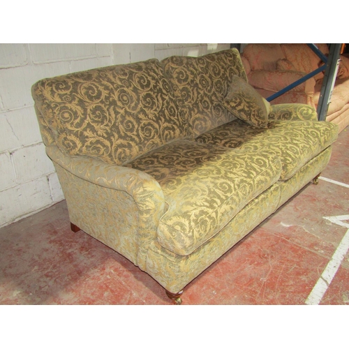 1361 - Pair of good quality large country house sofas upholstered in a mid green/cream colourway with scrol... 