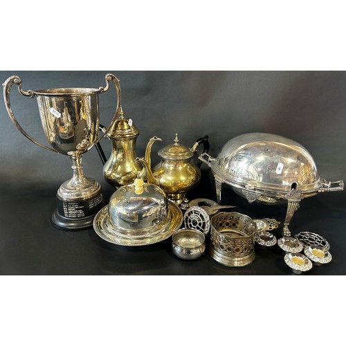 209 - A selection of silver plated tableware, including a teapot and a coffee pot, a large trophy, a servi... 