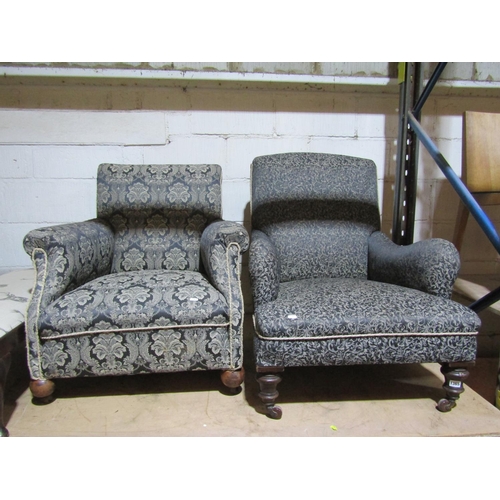 1365 - Edwardian drawing room chair with shaped arms and raised on turned forelegs, together with a further... 