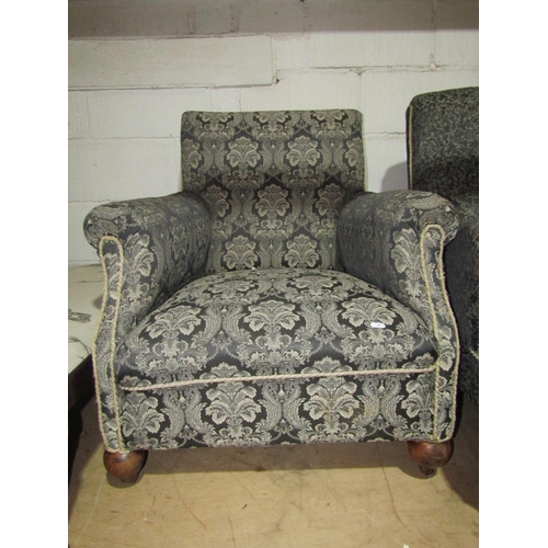 1365 - Edwardian drawing room chair with shaped arms and raised on turned forelegs, together with a further... 