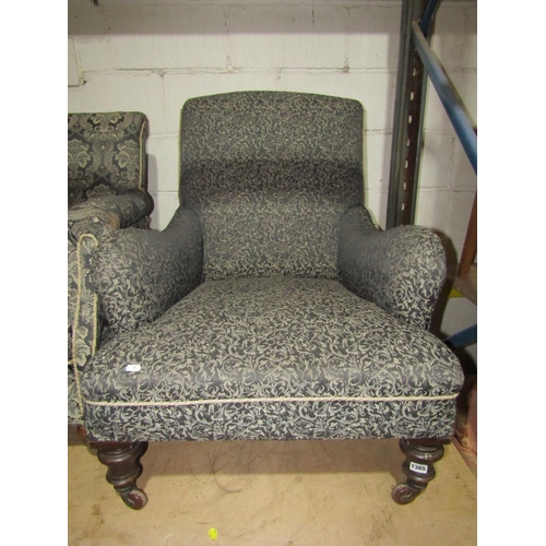 1365 - Edwardian drawing room chair with shaped arms and raised on turned forelegs, together with a further... 