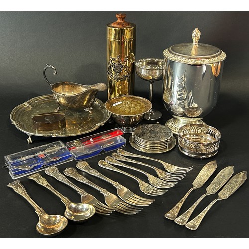 201 - A miscellaneous collection of silver plated items including a tray, wine cooler, a chalice, a flower... 