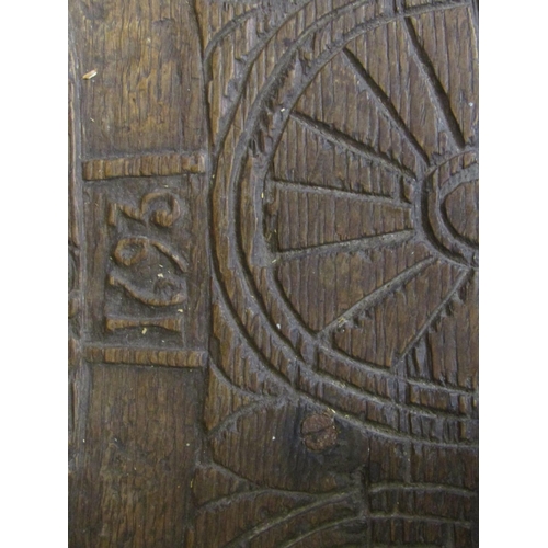 1341 - An antique oak demi-lune carved table with repeating geometric detail, armorial crests, and dated 16... 