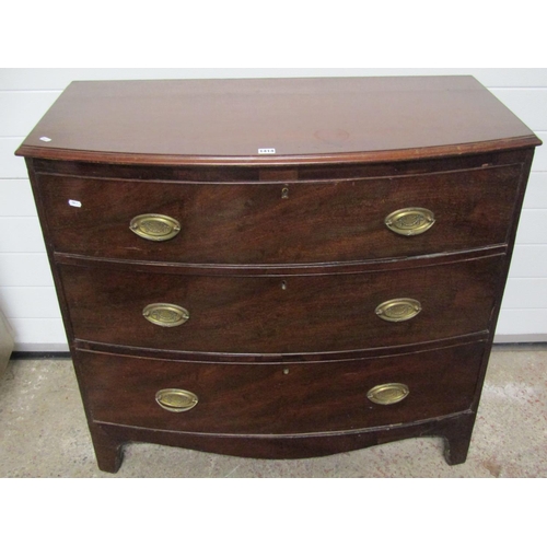 1414 - 19th century mahogany bow fronted chest of three long drawers, on swept supports with brass plate ha... 