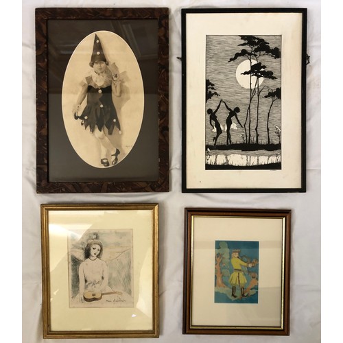 793A - Four framed artworks by different artists to include: Marie Lawrencin - Girl with ukulele, coloured ... 