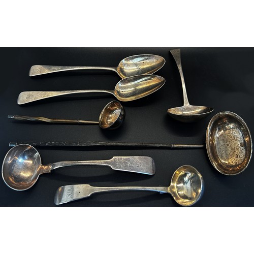 298 - Two 19th century silver serving spoons, three sauce spoons and three horn handled toddy ladles 9.5 o... 