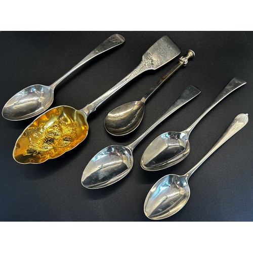 300 - A Guild of Handicraft lightly hammered seal spoon 925 2017, a 19th century gilt berry spoon and four... 