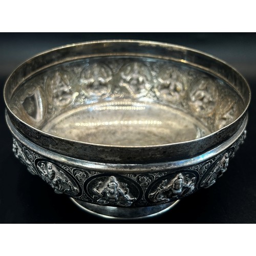 305 - An Indian silver metal bowl, with squatting deities to the bowl, Tarachuno Parshad Jeweller Bombay S... 