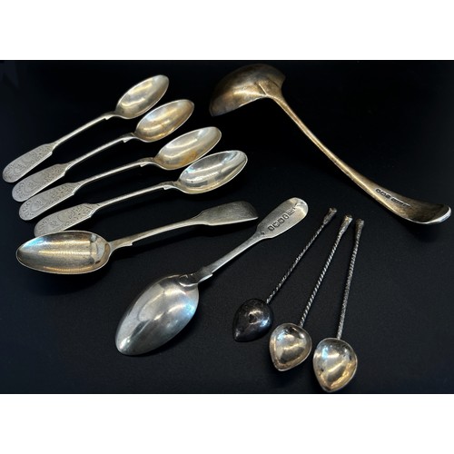 287 - A mixed selection of silver items including a sugar sifter, an egg cup & spoon, an engine turned 8 d... 